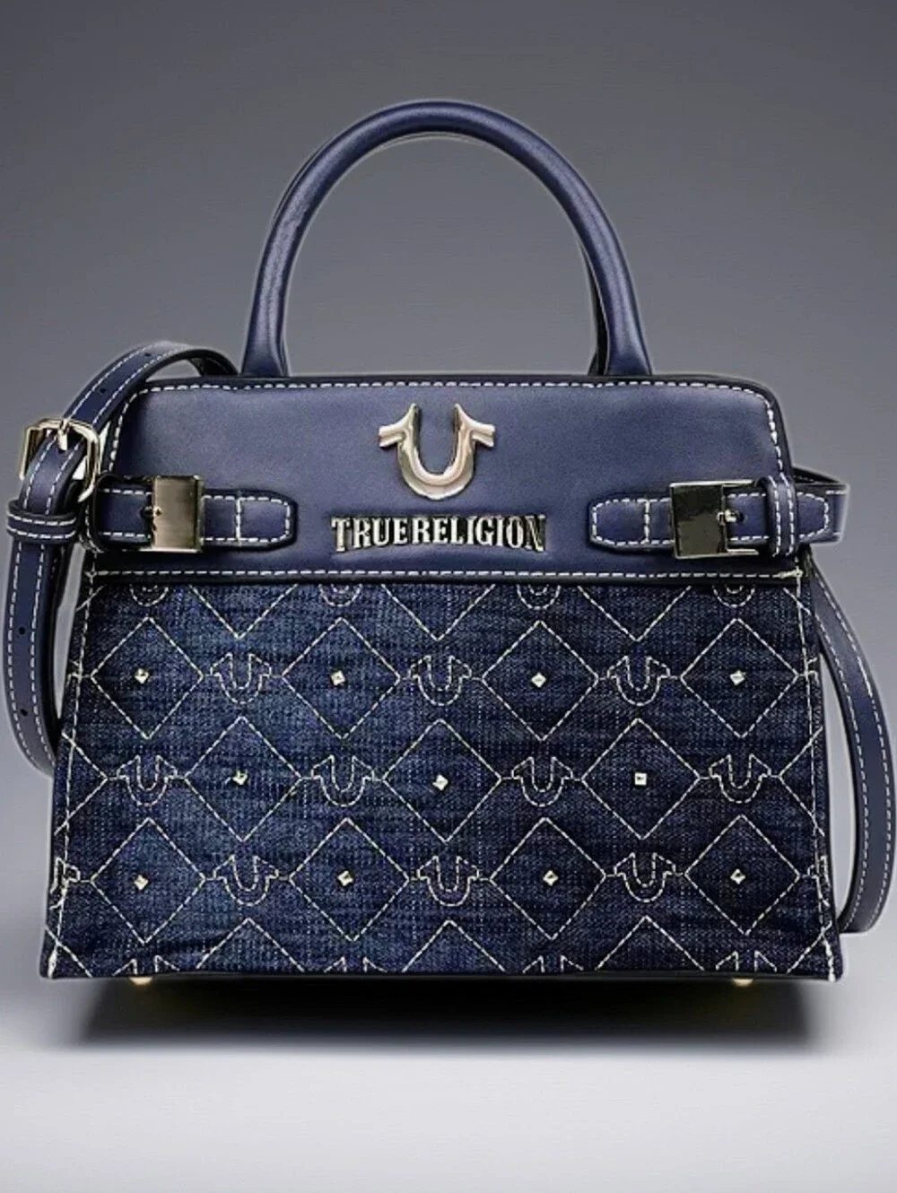 True Religion Dark Blue Quilted Denim Top-Handle Satchel